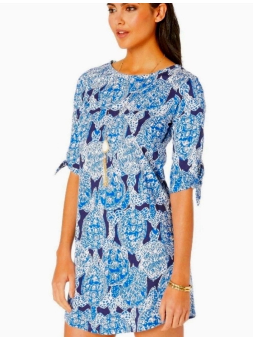 Lilly Pulitzer Preston Dress Deep Indigo Snap To It Turtles Print Navy White L